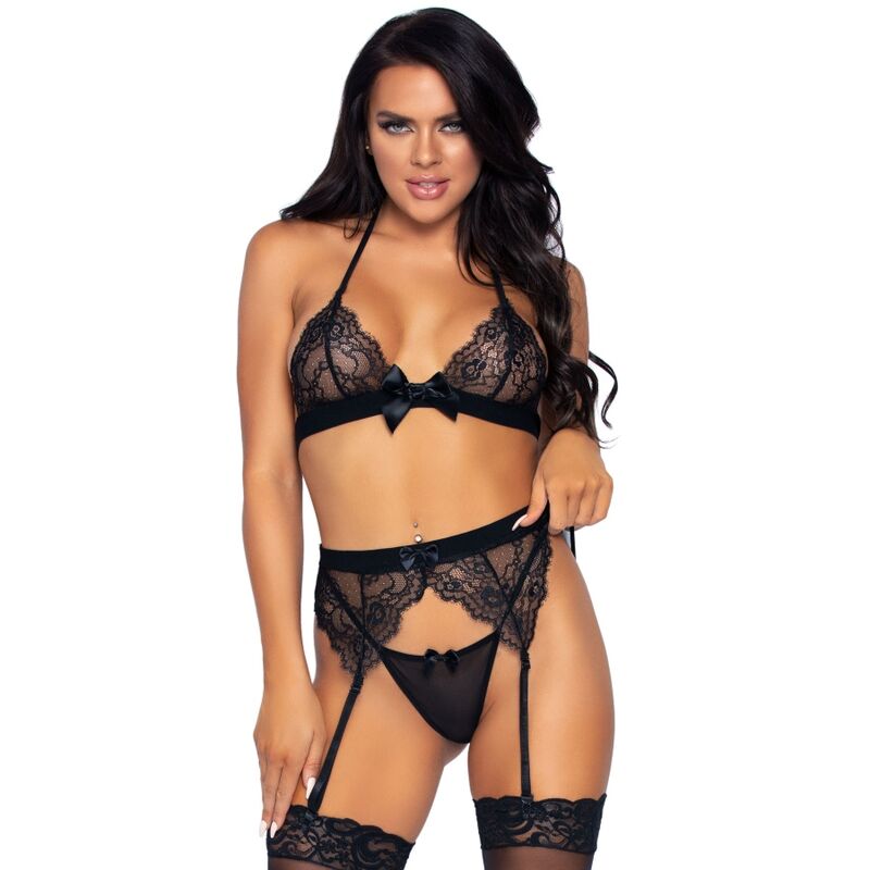 LEG AVENUE - DREITEILIGES SET TOP, STRUMPFGÜRTEL UND G-STRING