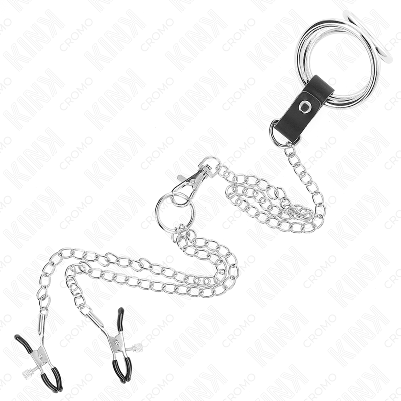 KINK - DREIFACH CHROM METALL PENISRING 3,8 CM BIS 5 CM MIT 26 CM METALLKETTE UND NIPPELKLAMMER MODELL 1