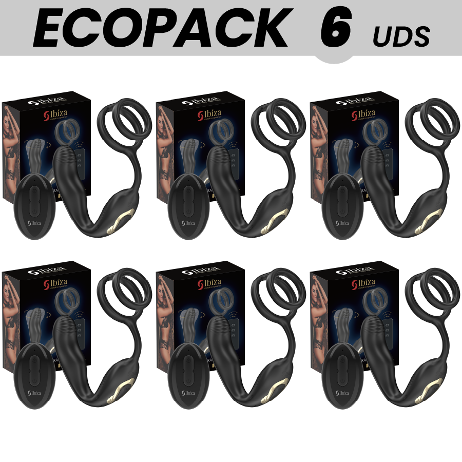 ECOPACKS 6 EINHEITEN - IBIZA WIGGLE FERNGESTEUERTER ROTIERENDER ANALSTECKER MIT DAMMVIBRATION UND PENISVERGRÖSSERUNGSRINGEN