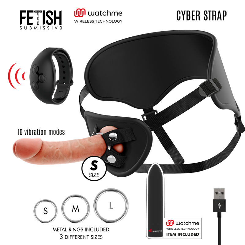 FETISCH DEVOT CYBER STRAP - HARNESS MIT DILDO UND BULLET-FERNBEDIENUNG WATCHME S TECHNOLOGIE