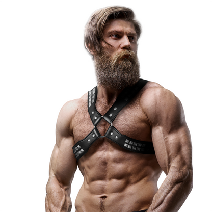 FETISCH DEVOT-EINSTELLUNG - HERREN-GEHÄUSE AUS ÖKO-LEDER MIT GEKREUZTER BRUST UND NIETEN