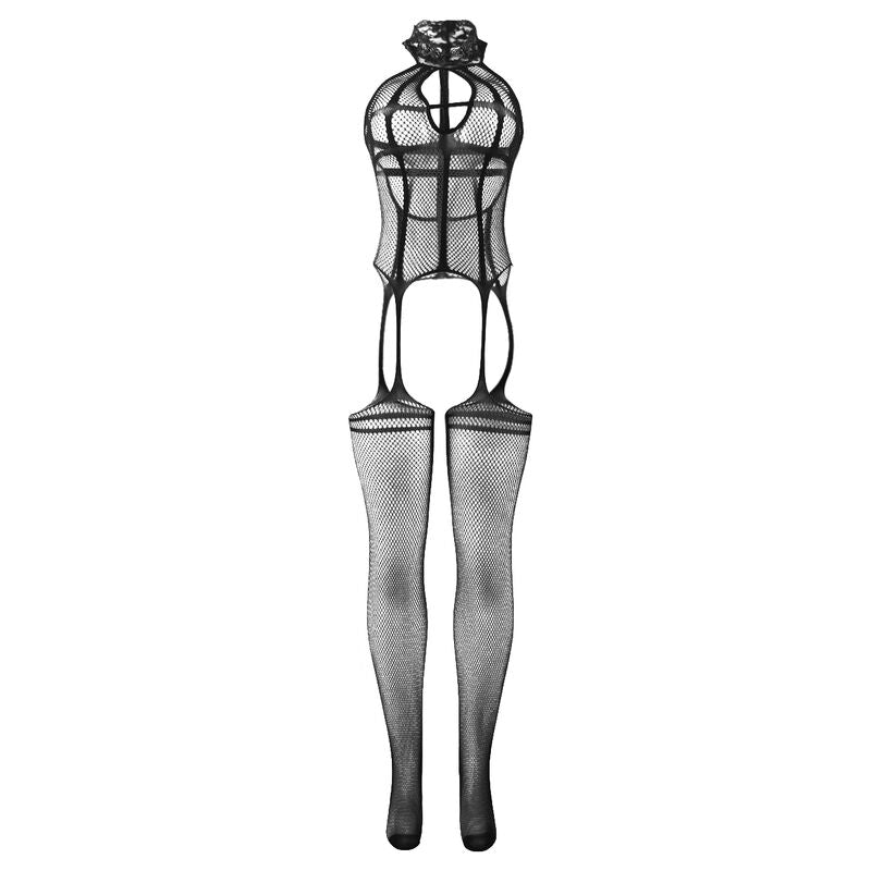 SUBBLIME - 951986 Netz-Bodystocking ohne Schritt mit Aufdrucken am Hals, Schwarz, Einheitsgröße