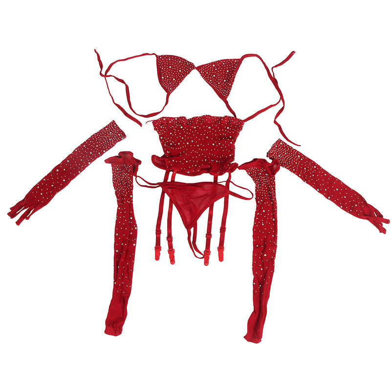 SUBBLIME - 952181 FISHNET BODYSTOCKING MIT HANDSCHUHEN UND DIAMANTEN ROT EINE GRÖSSE