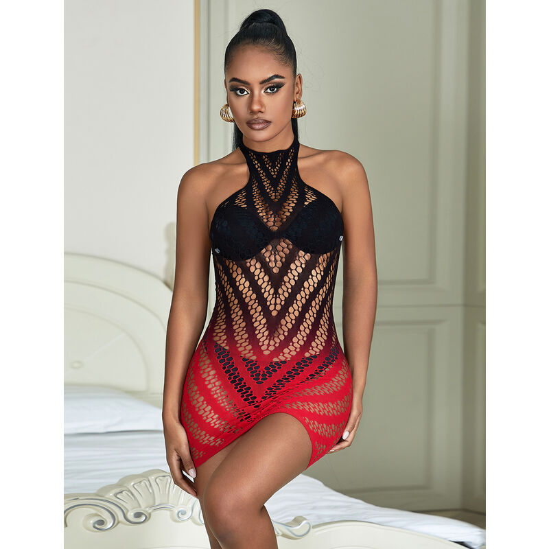 SUBBLIME - 952242 ROTES UND SCHWARZES ELASTISCHES NETZKLEID MIT ABGEBAUTEM MUSTER EINE GRÖSSE