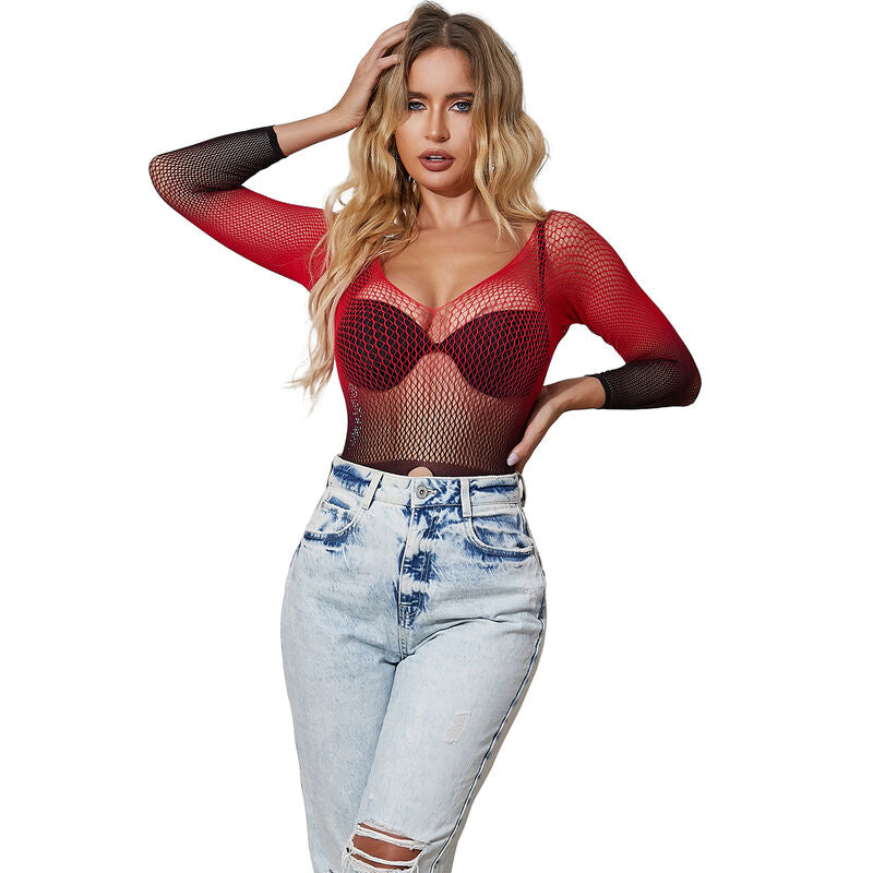 SUBBLIME - 952259 ROTES UND SCHWARZES FARBVERLAUF LANGARM ELASTISCHES NETZKLEID EINE GRÖSSE