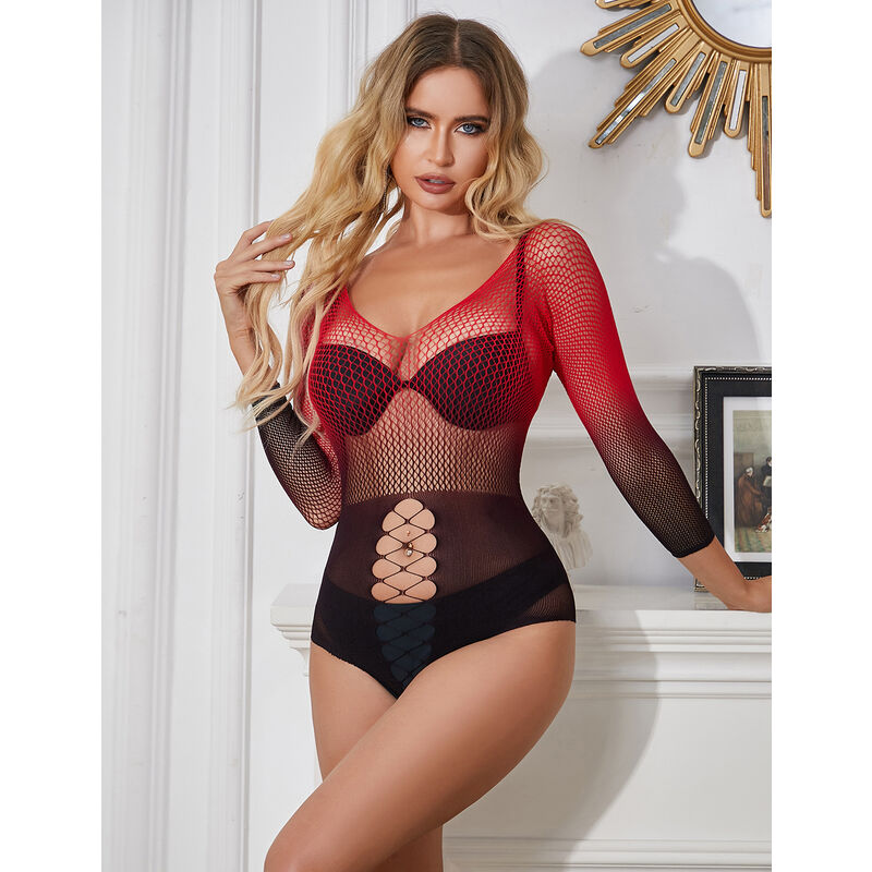 SUBBLIME - 952259 ROTES UND SCHWARZES FARBVERLAUF LANGARM ELASTISCHES NETZKLEID EINE GRÖSSE