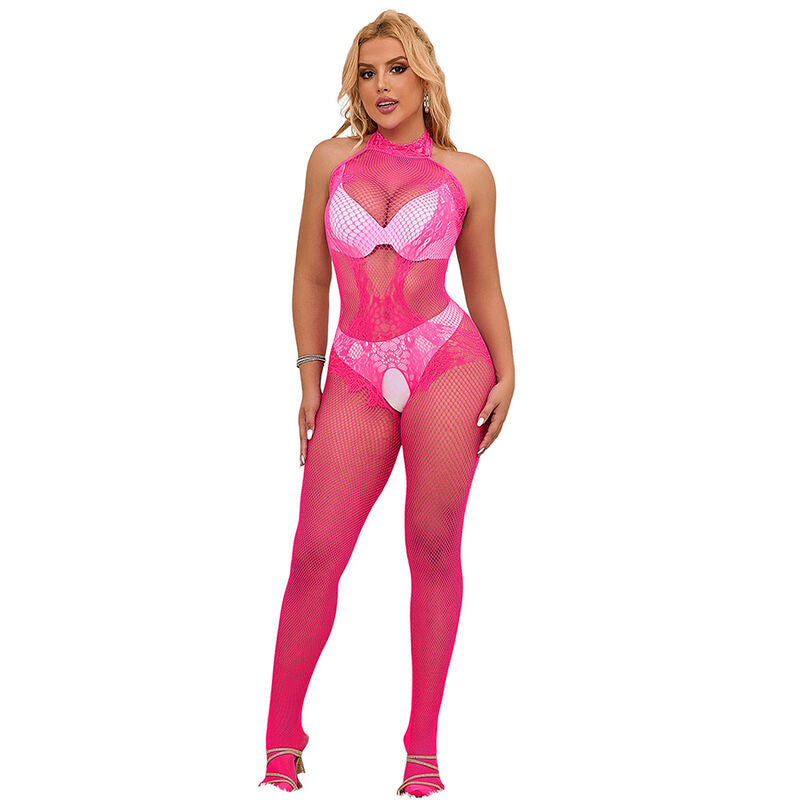 SUBBLIME - 952389 Netz- und Spitzen-Bodystocking ohne Schritt mit hohem Halsausschnitt, Rosa, Einheitsgröße