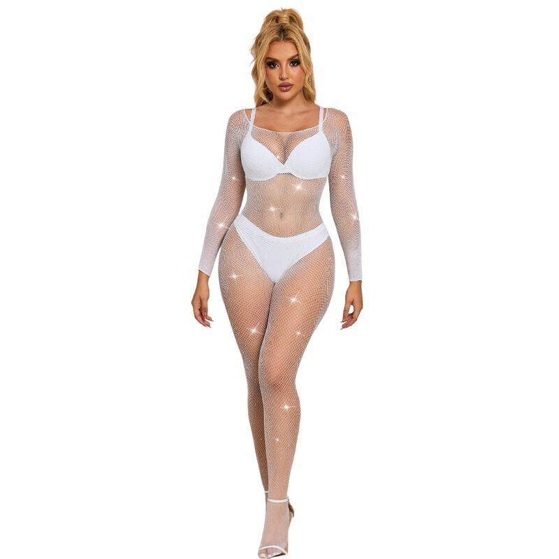 SUBBLIME - 952396 Netz-Bodystocking mit Diamanten, lange Ärmel, Weiß, Einheitsgröße