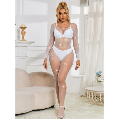 SUBBLIME - 952396 Netz-Bodystocking mit Diamanten, lange Ärmel, Weiß, Einheitsgröße