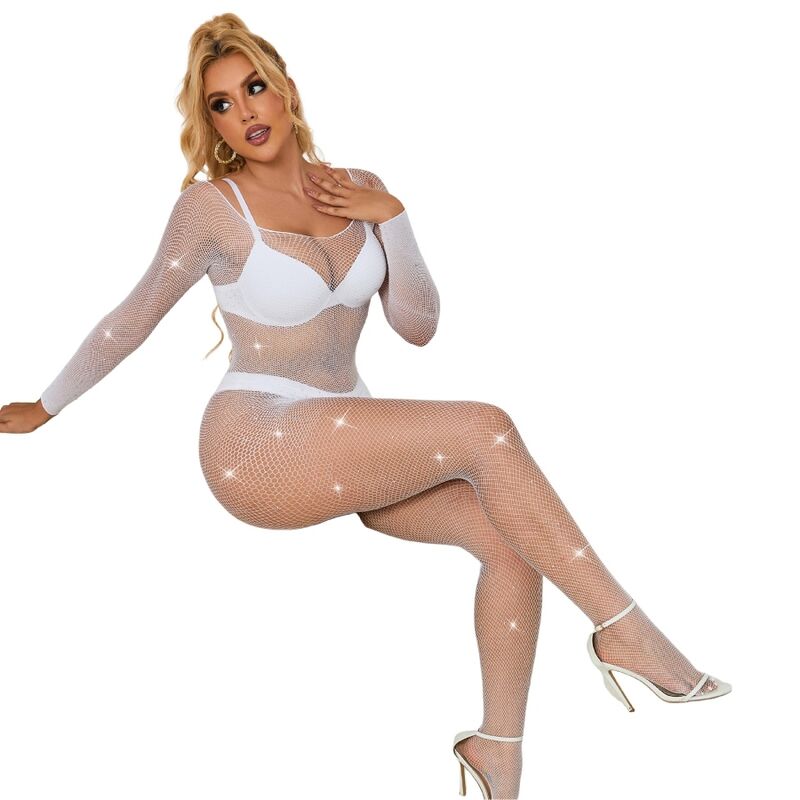 SUBBLIME - 952396 Netz-Bodystocking mit Diamanten, lange Ärmel, Weiß, Einheitsgröße