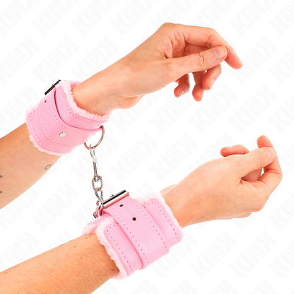 KINK - PELZGEFÜTTERTE HANDGELENKFESSELN PINK MIT PINKEM GÜRTEL VERSTELLBAR 17-29 CM X 6 CM