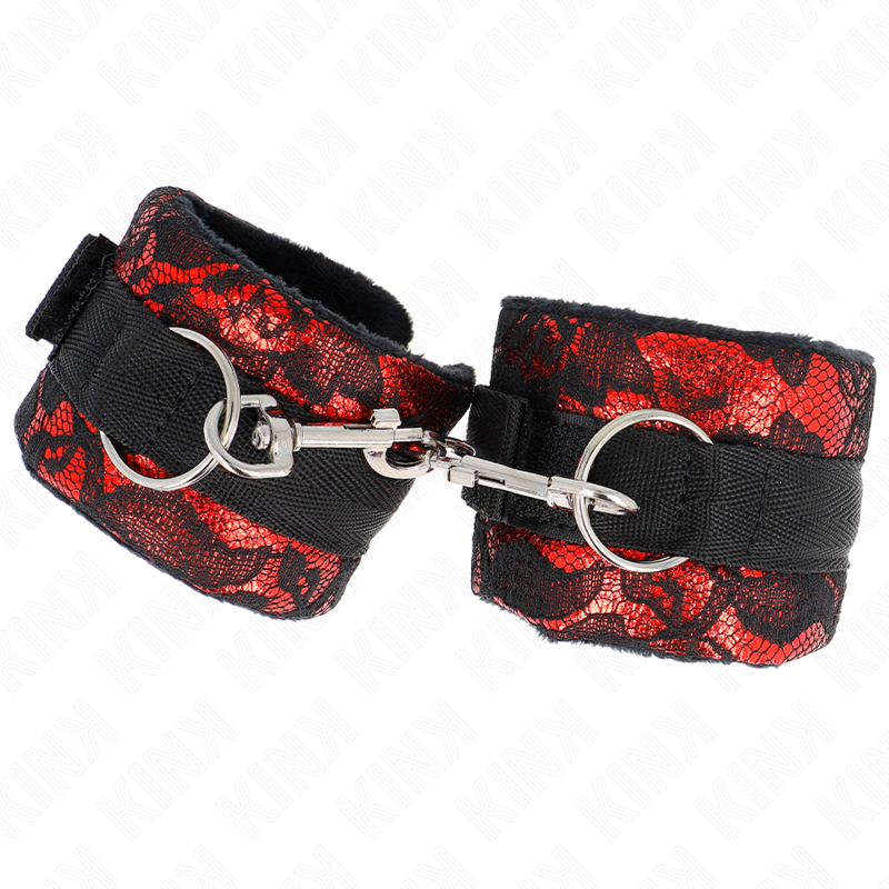 KINK - KURZE HANDGELENKFESSELN AUS SAMTSPITZE UND NYLONFESSELN ROT / SCHWARZ 23 X 6,5 CM