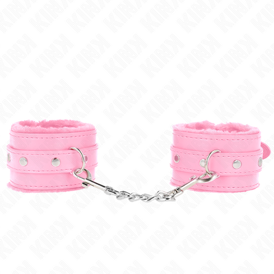 KINK - PREMIUM PELZGEFÜTTERTE HANDGELENKFESSELN PINK MIT PINKEM GÜRTEL, VERSTELLBAR 17-29 CM X 6 CM
