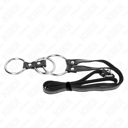 KINK - DREIFACH-METALL-PENISRING 3,8 CM BIS 5 CM MIT LEDERGÜRTEL 112 CM