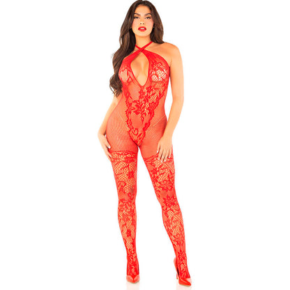 LEG AVENUE - NETZ-Bodystocking mit Blumenmuster, Rot, Einheitsgröße