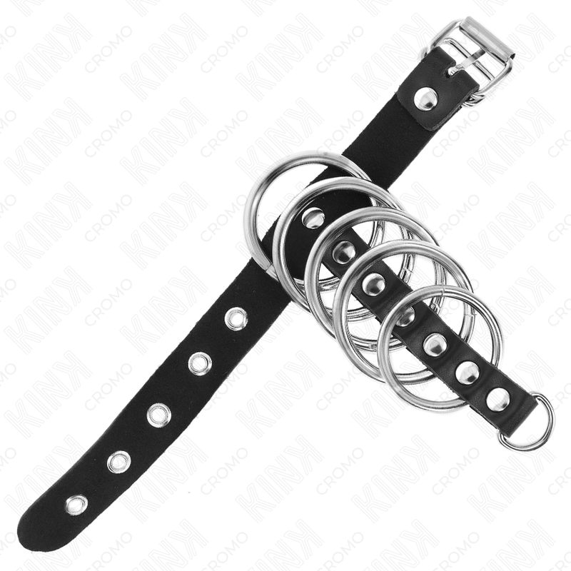 KINK - LEDER-PENISRING MIT VERRIEGELUNGSBAND 21 X 2 CM UND 5 METALLRINGEN VON 3 CM BIS 4 CM