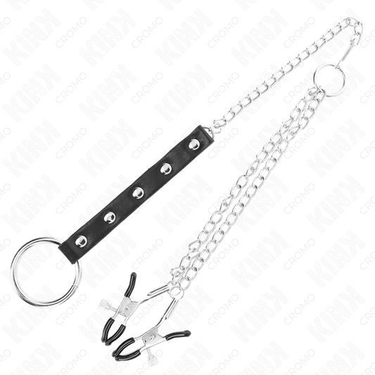 KINK - METALL-PENISRING MIT KETTE UND VERSTELLBAREN NIPPELKLAMMER