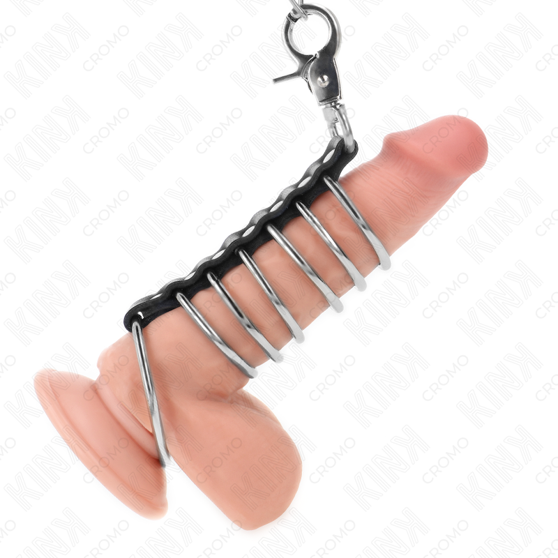 KINK - 7 METALL-PENISRINGE 3,8 CM BIS 5 CM VERBUNDEN MIT LEDER- UND METALLKETTE 100 CM