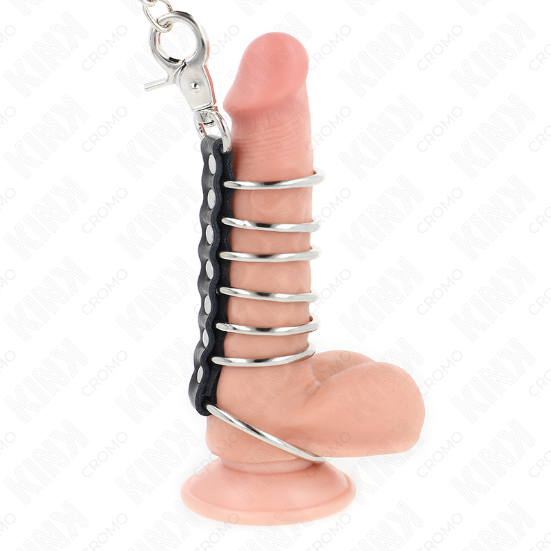 KINK - 7 METALL-PENISRINGE 3,8 CM BIS 5 CM VERBUNDEN MIT LEDER- UND METALLKETTE 100 CM