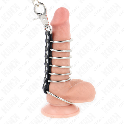 KINK - 7 METALL-PENISRINGE 3,8 CM BIS 5 CM VERBUNDEN MIT LEDER- UND METALLKETTE 100 CM