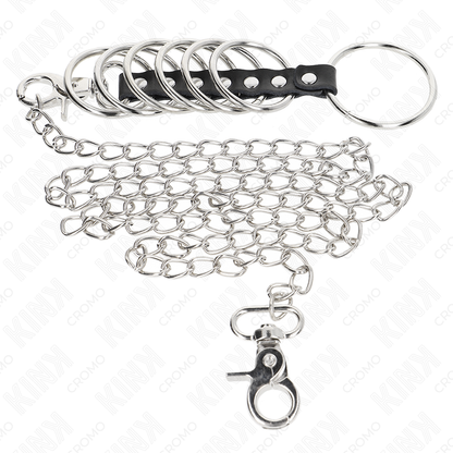 KINK - 7 METALL-PENISRINGE 3,8 CM BIS 5 CM VERBUNDEN MIT LEDER- UND METALLKETTE 100 CM
