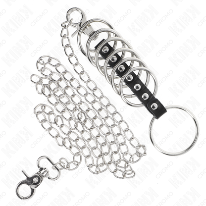 KINK - 7 METALL-PENISRINGE 3,8 CM BIS 5 CM VERBUNDEN MIT LEDER- UND METALLKETTE 100 CM