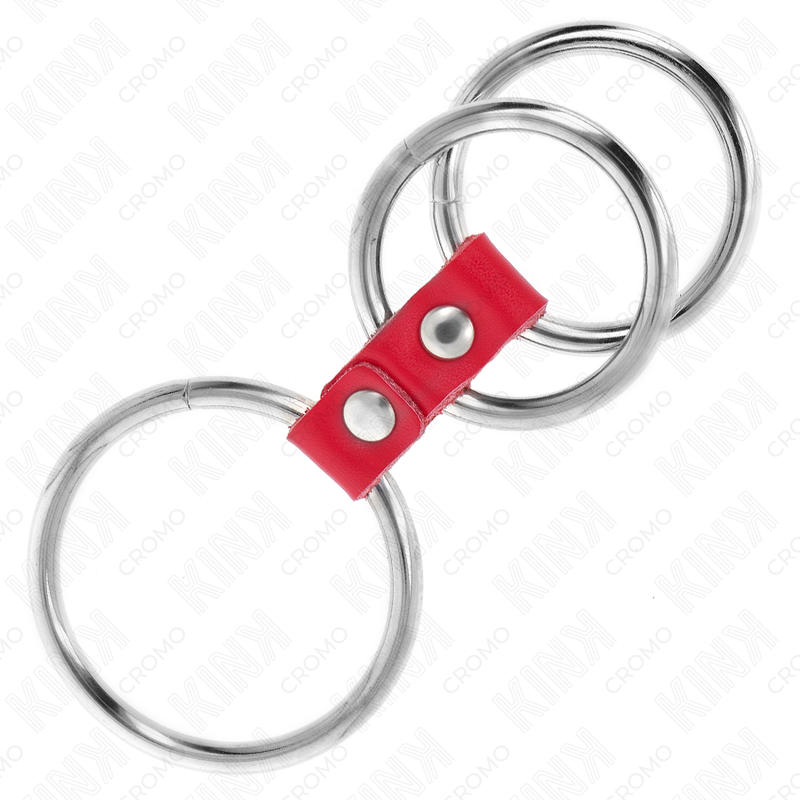 KINK - DREIFACH-METALL-PENISRING 3,7 CM BIS 5 CM MIT ROTEM LEDER VERBUNDEN