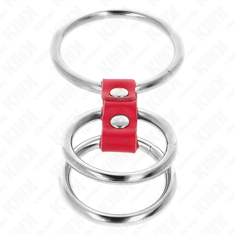 KINK - DREIFACH-METALL-PENISRING 3,7 CM BIS 5 CM MIT ROTEM LEDER VERBUNDEN