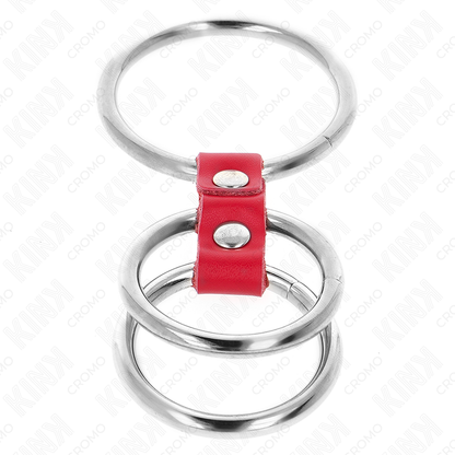 KINK - DREIFACH-METALL-PENISRING 3,7 CM BIS 5 CM MIT ROTEM LEDER VERBUNDEN