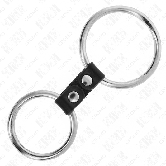 KINK - DOPPELTER METALL-PENISRING 3,7 CM BIS 5 CM VERBUNDEN DURCH LEDERBAND MODELL 2