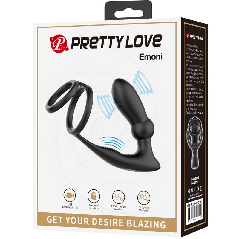 PRETTY LOVE - EMONI PENISRING + ANALPLUG 12 VIBRATIONEN SCHWARZ