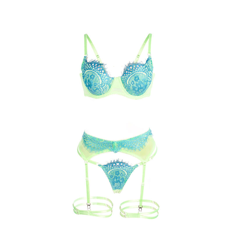 SUBBLIME - 955328 BH-SET MIT SPITZE UND STRUMPFBÄNDERN GRÜN UND BLAU L/XL