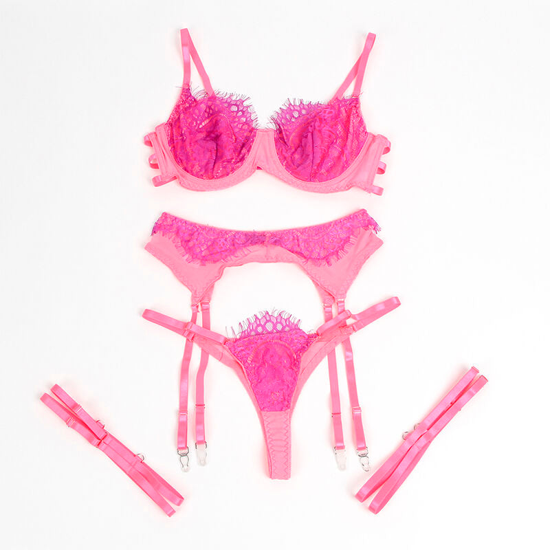 SUBBLIME - 955366 BH-SET MIT SPITZE UND STRUMPFBÄNDERN ROSA UND LILA L/XL