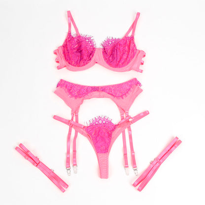 SUBBLIME - 955366 BH-SET MIT SPITZE UND STRUMPFBÄNDERN ROSA UND LILA L/XL