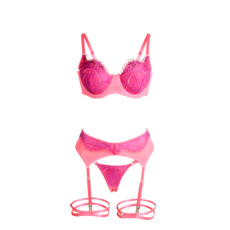 SUBBLIME - 955366 BH-SET MIT SPITZE UND STRUMPFBÄNDERN ROSA UND LILA L/XL