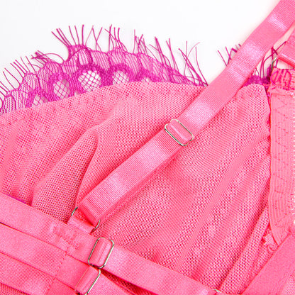 SUBBLIME - 955366 BH-SET MIT SPITZE UND STRUMPFBÄNDERN ROSA UND LILA L/XL