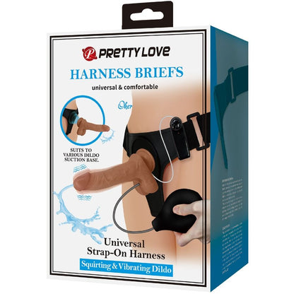 PRETTY LOVE - UNIVERSAL HARNESS SLIP MIT VIBRIERENDEM UND SQUIRTING DILDO 15,5 CM MULATO