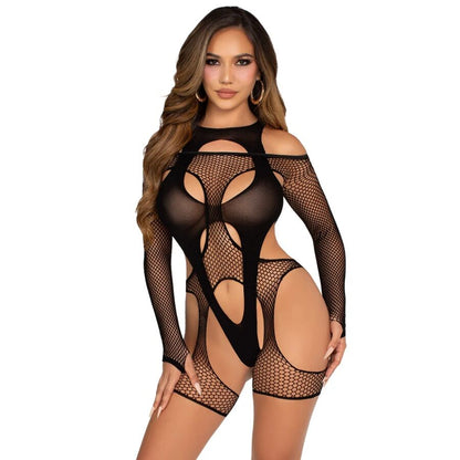 LEG AVENUE - NETZ-Bodystocking mit Strapsgürtel und Harness, Schwarz