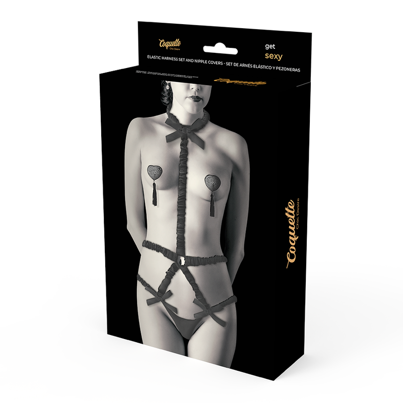COQUETTE CHIC DESIRE - ELASTISCHES HARNESS-SET UND BRUSTWARZENABDECKUNGEN SCHWARZ