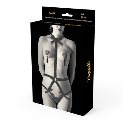 COQUETTE CHIC DESIRE - ELASTISCHES HARNESS-SET UND BRUSTWARZENABDECKUNGEN SCHWARZ