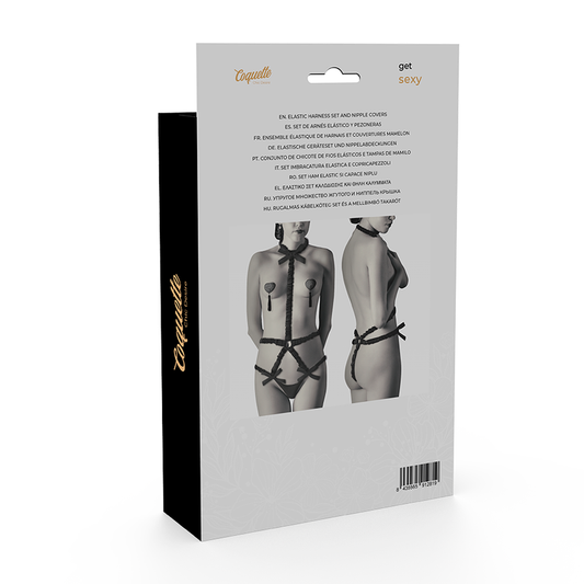 COQUETTE CHIC DESIRE - ELASTISCHES HARNESS-SET UND BRUSTWARZENABDECKUNGEN SCHWARZ